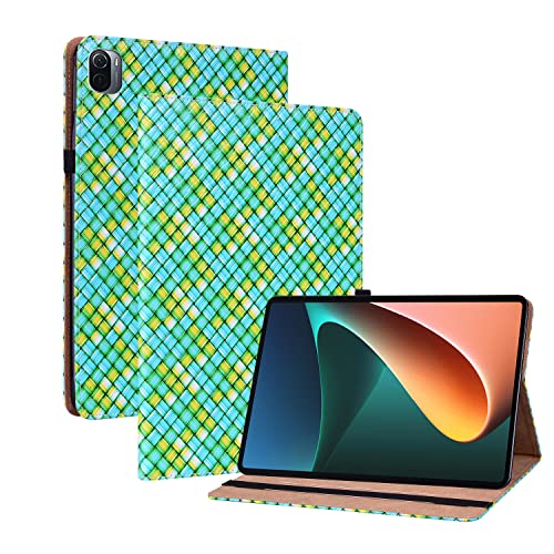 Oobooms Hülle für Xiaomi Mi Pad 5/Pad 5 Pro, Gewebte Muster Flip Folio Smart Cover PU Leder Schutzhülle Tasche Brieftasche Wallet Case Ständer Kartenfächer Gummiband - Grün von Oobooms