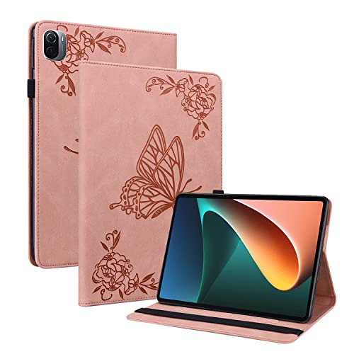 Oobooms Hülle für Xiaomi Mi Pad 5/Pad 5 Pro, Retro Schmetterling Blume Muster Flip Smart Cover PU Leder Schutzhülle Tasche Brieftasche Wallet Case Ständer Kartenfächer Gummiband - Rosa von Oobooms