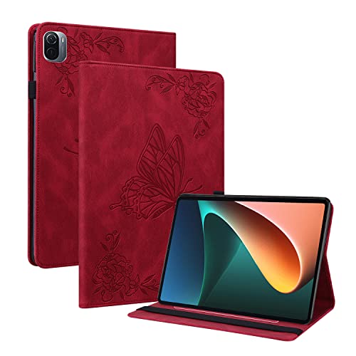 Oobooms Hülle für Xiaomi Mi Pad 5/Pad 5 Pro, Retro Schmetterling Blume Muster Flip Smart Cover PU Leder Schutzhülle Tasche Brieftasche Wallet Case Ständer Kartenfächer Gummiband - Rot von Oobooms