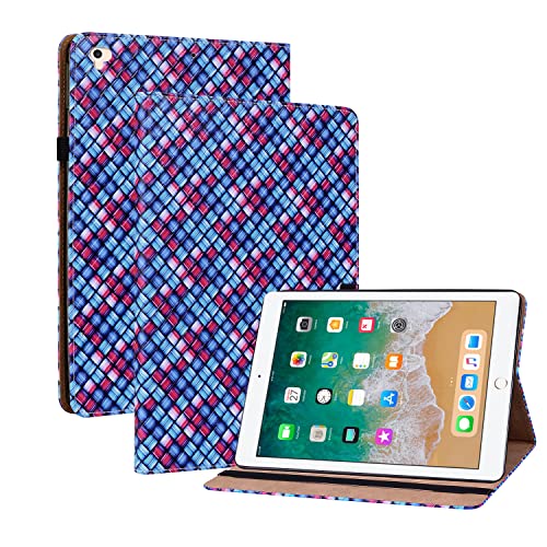 Oobooms Hülle für iPad 9,7" 2017/2018/iPad Air/Air 2, Gewebte Muster Flip Folio Smart Cover PU Leder Schutzhülle Tasche Brieftasche Wallet Case Ständer Kartenfächer Gummiband - Blau von Oobooms
