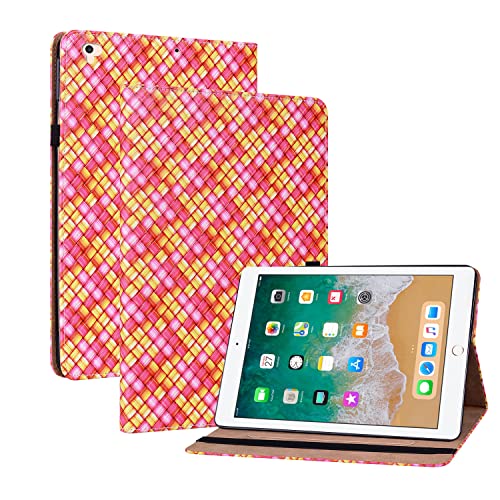 Oobooms Hülle für iPad 9,7" 2017/2018/iPad Air/Air 2, Gewebte Muster Flip Folio Smart Cover PU Leder Schutzhülle Tasche Brieftasche Wallet Case Ständer Kartenfächer Gummiband - Rose von Oobooms