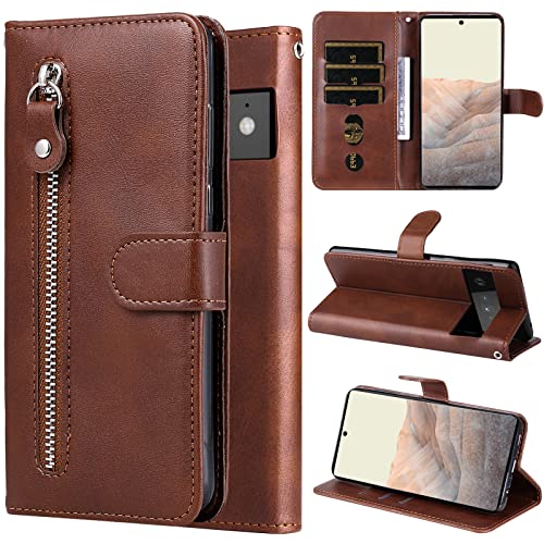 Oobooms Reißverschluss Hülle für Google Pixel 6 Pro, Magnetische Flip PU Leder Schutzhülle Zipper Handy Tasche Case Cover Brieftasche Wallet mit Silikon TPU Kartenfächer Stand - Braun von Oobooms