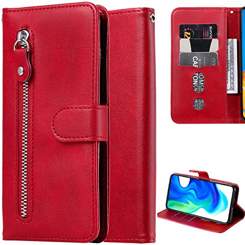 Oobooms Reißverschluss Hülle für Realme 8i, Magnetische Flip PU Leder Schutzhülle Zipper Handy Tasche Case Cover Brieftasche Wallet mit Silikon TPU Kartenfächer Stand - Rot von Oobooms