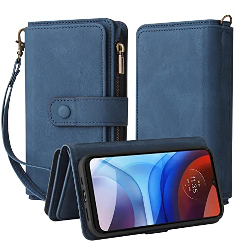 Oobooms Reißverschluss Wallet Hülle für Motorola Moto E7 Power, Schnalle Flip PU Leder Schutzhülle Klapphülle Zipper Handy Tasche Case Cover mit Silikon TPU Kartenfächer Stand - Blau von Oobooms