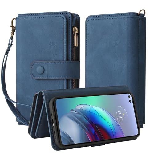 Oobooms Reißverschluss Wallet Hülle für Motorola Moto Edge S /G100, Schnalle Flip PU Leder Schutzhülle Klapphülle Zipper Handy Tasche Case Cover mit Silikon TPU Kartenfächer Stand - Blau von Oobooms