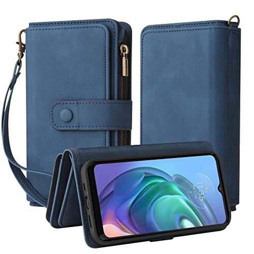 Oobooms Reißverschluss Wallet Hülle für Motorola Moto G10/G30, Schnalle Flip PU Leder Schutzhülle Klapphülle Zipper Handy Tasche Case Cover mit Silikon TPU Kartenfächer Stand - Blau von Oobooms