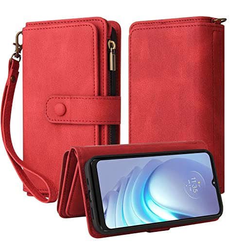 Oobooms Reißverschluss Wallet Hülle für Motorola Moto G50, Schnalle Flip PU Leder Schutzhülle Klapphülle Zipper Handy Tasche Case Cover mit Silikon TPU Kartenfächer Stand - Rot von Oobooms