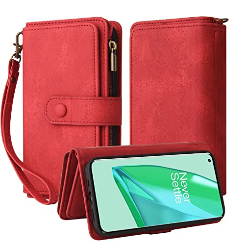 Oobooms Reißverschluss Wallet Hülle für OnePlus 9 Pro, Schnalle Flip PU Leder Schutzhülle Klapphülle Zipper Handy Tasche Case Cover mit Silikon TPU Kartenfächer Stand - Rot von Oobooms