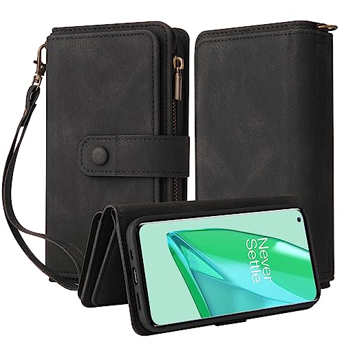 Oobooms Reißverschluss Wallet Hülle für OnePlus 9 Pro, Schnalle Flip PU Leder Schutzhülle Klapphülle Zipper Handy Tasche Case Cover mit Silikon TPU Kartenfächer Stand - Schwarz von Oobooms