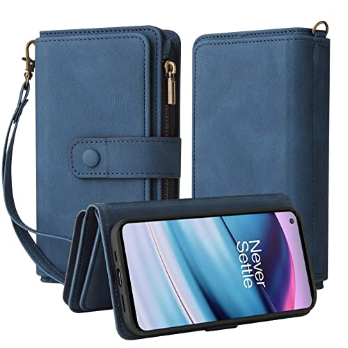 Oobooms Reißverschluss Wallet Hülle für OnePlus Nord CE 5G, Schnalle Flip PU Leder Schutzhülle Klapphülle Zipper Handy Tasche Case Cover mit Silikon TPU Kartenfächer Stand - Blau von Oobooms