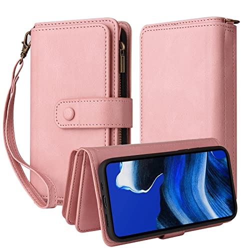 Oobooms Reißverschluss Wallet Hülle für Oppo Reno4 Z 5G, Schnalle Flip PU Leder Schutzhülle Klapphülle Zipper Handy Tasche Case Cover mit Silikon TPU Kartenfächer Stand - Rosa von Oobooms