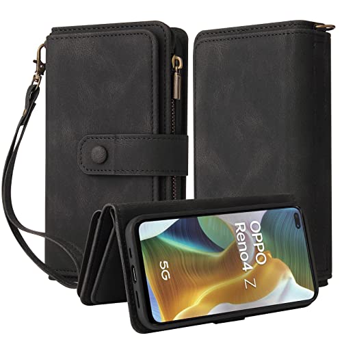 Oobooms Reißverschluss Wallet Hülle für Oppo Reno4 Z 5G, Schnalle Flip PU Leder Schutzhülle Klapphülle Zipper Handy Tasche Case Cover mit Silikon TPU Kartenfächer Stand - Schwarz von Oobooms