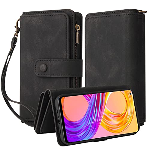 Oobooms Reißverschluss Wallet Hülle für Realme 8/Realme 8 Pro, Schnalle Flip PU Leder Schutzhülle Klapphülle Zipper Handy Tasche Case Cover mit Silikon TPU Kartenfächer Stand - Schwarz von Oobooms