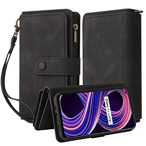 Oobooms Reißverschluss Wallet Hülle für Realme 8 5G, Schnalle Flip PU Leder Schutzhülle Klapphülle Zipper Handy Tasche Case Cover mit Silikon TPU Kartenfächer Stand - Schwarz von Oobooms