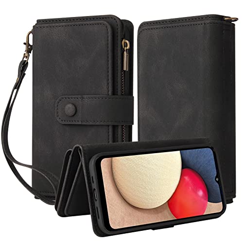 Oobooms Reißverschluss Wallet Hülle für Samsung Galaxy A02S, Schnalle Flip PU Leder Schutzhülle Klapphülle Zipper Handy Tasche Case Cover mit Silikon TPU Kartenfächer Stand - Schwarz von Oobooms