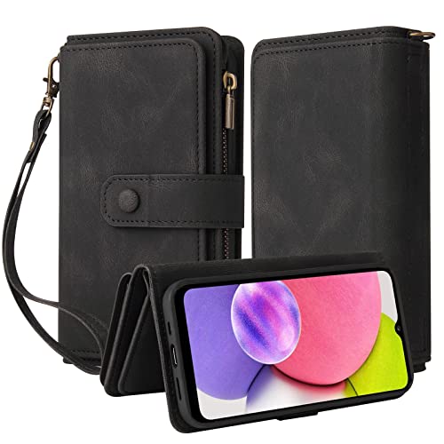 Oobooms Reißverschluss Wallet Hülle für Samsung Galaxy A03S, Schnalle Flip PU Leder Schutzhülle Klapphülle Zipper Handy Tasche Case Cover mit Silikon TPU Kartenfächer Stand - Schwarz von Oobooms