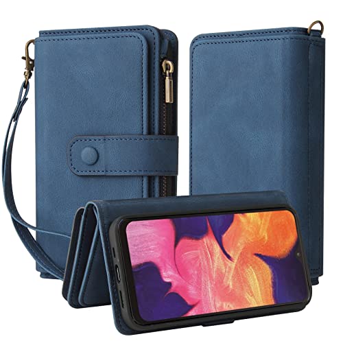 Oobooms Reißverschluss Wallet Hülle für Samsung Galaxy A10/M10, Schnalle Flip PU Leder Schutzhülle Klapphülle Zipper Handy Tasche Case Cover mit Silikon TPU Kartenfächer Stand - Blau von Oobooms