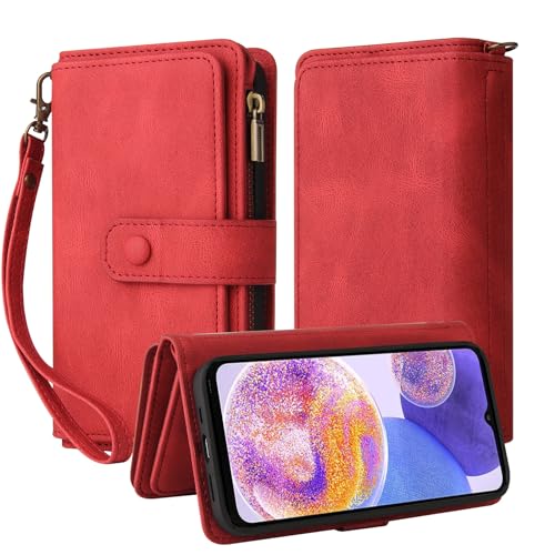 Oobooms Reißverschluss Wallet Hülle für Samsung Galaxy M52 5G, Schnalle Flip PU Leder Schutzhülle Klapphülle Zipper Handy Tasche Case Cover mit Silikon TPU Kartenfächer Stand - Rot von Oobooms