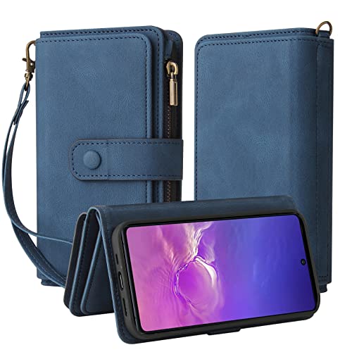 Oobooms Reißverschluss Wallet Hülle für Samsung Galaxy Note 10 Lite, Schnalle Flip PU Leder Schutzhülle Klapphülle Zipper Handy Tasche Case Cover mit Silikon TPU Kartenfächer Stand - Blau von Oobooms