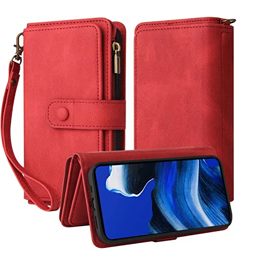 Oobooms Reißverschluss Wallet Hülle für Samsung Galaxy S10e, Schnalle Flip PU Leder Schutzhülle Klapphülle Zipper Handy Tasche Case Cover mit Silikon TPU Kartenfächer Stand - Rot von Oobooms