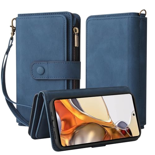 Oobooms Reißverschluss Wallet Hülle für Xiaomi 11T 5G/11T Pro 5G, Schnalle Flip PU Leder Schutzhülle Klapphülle Zipper Handy Tasche Case Cover mit Silikon TPU Kartenfächer Stand - Blau von Oobooms