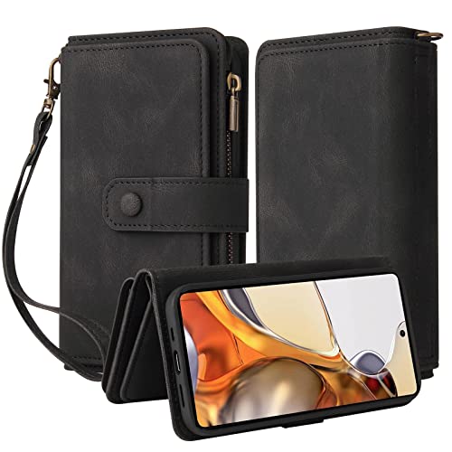 Oobooms Reißverschluss Wallet Hülle für Xiaomi 11T 5G/11T Pro 5G, Schnalle Flip PU Leder Schutzhülle Klapphülle Zipper Handy Tasche Case Cover mit Silikon TPU Kartenfächer Stand - Schwarz von Oobooms