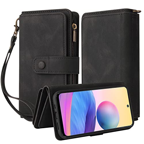 Oobooms Reißverschluss Wallet Hülle für Xiaomi Redmi Note 10 5G/Poco M3 Pro, Schnalle Flip PU Leder Schutzhülle Klapphülle Zipper Handy Tasche Case Cover mit Silikon TPU Kartenfächer Stand - Schwarz von Oobooms