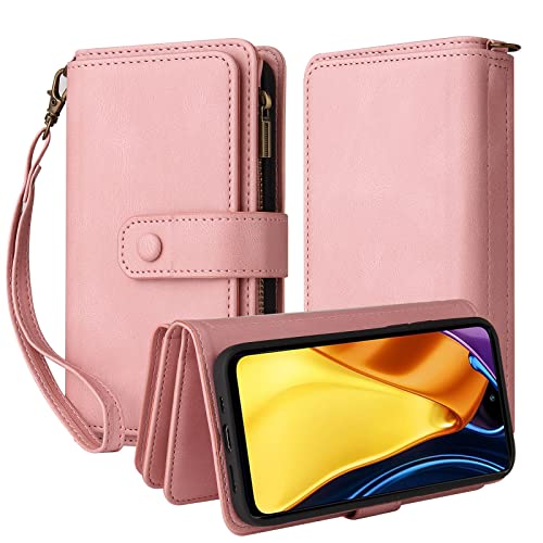 Oobooms Reißverschluss Wallet Hülle für Xiaomi Redmi Note 10 5G/Poco M3 Pro, Schnalle Flip PU Leder Schutzhülle Klapphülle Zipper Handy Tasche Case Cover mit Silikon TPU Kartenfächer Stand - Rosa von Oobooms