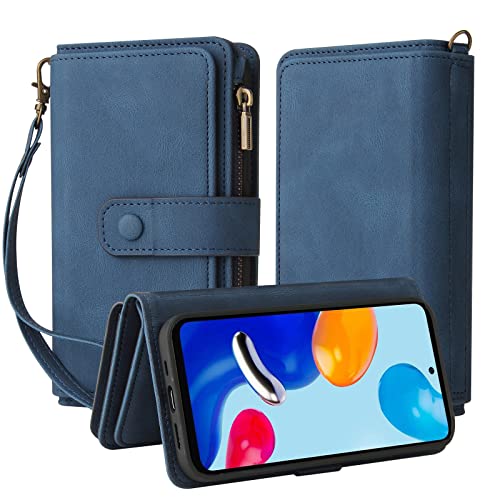 Oobooms Reißverschluss Wallet Hülle für Xiaomi Redmi Note 11 4G/Note 11S 4G, Schnalle Flip PU Leder Schutzhülle Klapphülle Zipper Handy Tasche Case Cover mit Silikon TPU Kartenfächer Stand - Blau von Oobooms