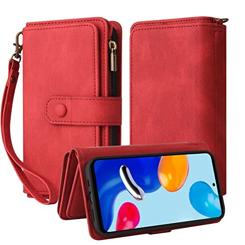 Oobooms Reißverschluss Wallet Hülle für Xiaomi Redmi Note 11 4G/Note 11S 4G, Schnalle Flip PU Leder Schutzhülle Klapphülle Zipper Handy Tasche Case Cover mit Silikon TPU Kartenfächer Stand - Rot von Oobooms