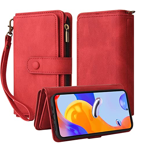 Oobooms Reißverschluss Wallet Hülle für Xiaomi Redmi Note 11 Pro 5G/4G, Schnalle Flip PU Leder Schutzhülle Klapphülle Zipper Handy Tasche Case Cover mit Silikon TPU Kartenfächer Stand - Rot von Oobooms