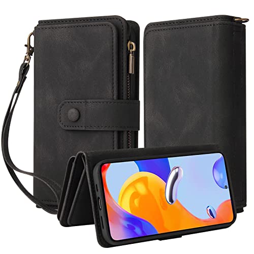 Oobooms Reißverschluss Wallet Hülle für Xiaomi Redmi Note 11 Pro 5G/4G, Schnalle Flip PU Leder Schutzhülle Klapphülle Zipper Handy Tasche Case Cover mit Silikon TPU Kartenfächer Stand - Schwarz von Oobooms