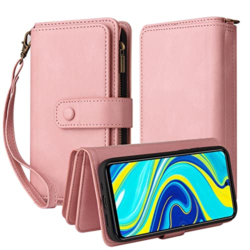 Oobooms Reißverschluss Wallet Hülle für Xiaomi Redmi Note 9 Pro/Note 9S, Schnalle Flip PU Leder Schutzhülle Klapphülle Zipper Handy Tasche Case Cover mit Silikon TPU Kartenfächer Stand - Rosa von Oobooms