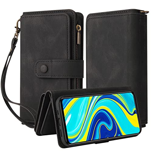 Oobooms Reißverschluss Wallet Hülle für Xiaomi Redmi Note 9 Pro/Note 9S, Schnalle Flip PU Leder Schutzhülle Klapphülle Zipper Handy Tasche Case Cover mit Silikon TPU Kartenfächer Stand - Schwarz von Oobooms