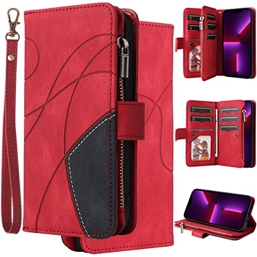 Oobooms Zipper Hülle für Realme 8i, Magnetische Flip PU Leder Schutzhülle Klapphülle Handy Tasche Case Wallet Cover mit Silikon TPU Kartenfächer Stand - Rot von Oobooms