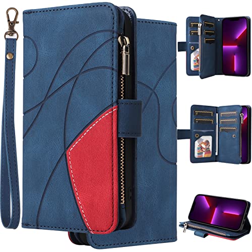 Oobooms Zipper Hülle für Realme 9 PRO+, Magnetische Flip PU Leder Schutzhülle Klapphülle Handy Tasche Case Wallet Cover mit Silikon TPU Kartenfächer Stand - Blau von Oobooms