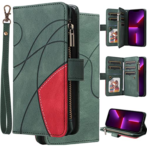 Oobooms Zipper Hülle für Realme C11 2021/C20/C21, Magnetische Flip PU Leder Schutzhülle Klapphülle Handy Tasche Case Wallet Cover mit Silikon TPU Kartenfächer Stand - Grün von Oobooms