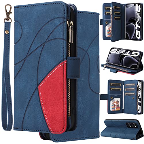 Oobooms Zipper Hülle für Realme GT Neo 2, Magnetische Flip PU Leder Schutzhülle Klapphülle Handy Tasche Case Wallet Cover mit Silikon TPU Kartenfächer Stand - Blau von Oobooms