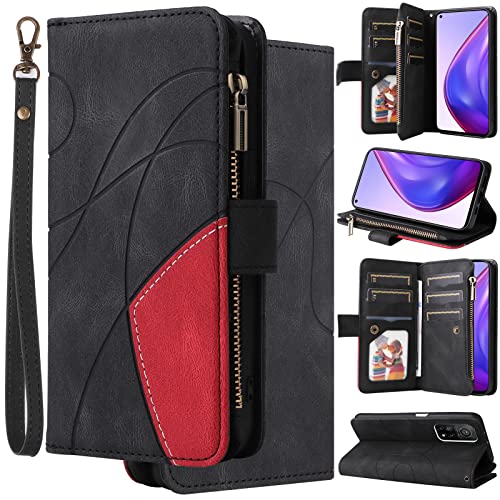 Oobooms Zipper Hülle für Xiaomi Mi 11T/11T Pro, Magnetische Flip PU Leder Schutzhülle Klapphülle Handy Tasche Case Wallet Cover mit Silikon TPU Kartenfächer Stand - Schwarz von Oobooms