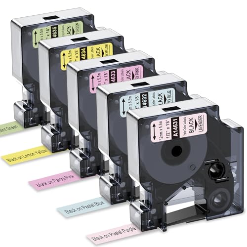 5x Oozmas kompatible mit Dymo Etikettenband d1 12mm x 5.5 m Beschriftungsgerät für Dymo LabelManager 160 210D 260P 280 360D 420P, Schwarz auf Pastell Lila/Blau/Rosa/Zitronengelb/Mintgrün 5x Oozmas kompatible mit Dymo Etikettenband d1 12mm x 5.5 m Beschriftungsgerät für Dymo LabelManager 160 210D 260P 280 360D 420P, Schwarz auf Pastell Lila/Blau/Rosa/Zitronengelb/Mintgrün von Oozmas