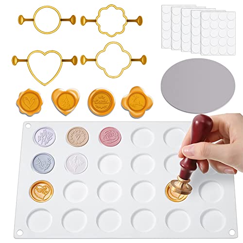 Metall Wachs Siegel Formen mit 4pc Metall Formen, 2PCS Wachs Siegel Matte und 100PCS Abnehmbare Doppelseitige Klebepunkte für Hochzeit Einladungen Umschläge Karten Geschenke Wein Verpackung von Opaltool