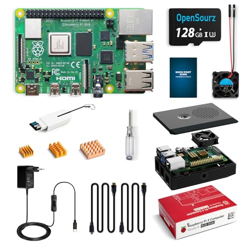 OpenSourz Raspberry Pi 4 Modell B 4GB RAM+128GB SD Karte, Raspberry Pi Gehäuse PC/ABS, Kühlkörper, Kühlventilator, Stromversorgung USB-C 5V 3A mit Schalter, 2 × HDMI-Kabel von OpenSourz