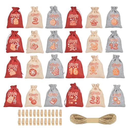 AdventCalendar-Taschen mit 24 Clips und 1 10 m langem Seil, bunt, 24 Tage Jute, zum Aufhängen, Countdown-Kalenderbeutel, Leinenbeutel mit Kordelzug, Weihnachten, Adventskalender, Tasche, 24 Zahlen AdventCalendar-Taschen mit 24 Clips und 1 10 m langem Seil, bunt, 24 Tage Jute, zum Aufhängen, Countdown-Kalenderbeutel, Leinenbeutel mit Kordelzug, Weihnachten, Adventskalender, Tasche, 24 Zahlen von Opilroyn
