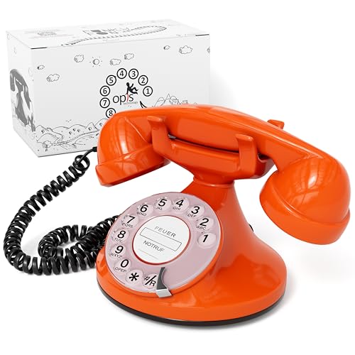 Opis Technology FunkyFon Cable : Retro Telefon mit Wählscheibe/Retro Wählscheibentelefon/Nostalgie Telefon mit Wählscheibe in geschwungenem 1920er Stil mit elektronischer Klingel (orange) von Opis Technology