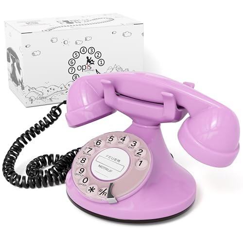 Opis Technology FunkyFon Cable : Retro Telefon mit Wählscheibe/Retro Wählscheibentelefon/Nostalgie Telefon mit Wählscheibe in geschwungenem 1920er Stil mit elektronischer Klingel (pink) von Opis Technology