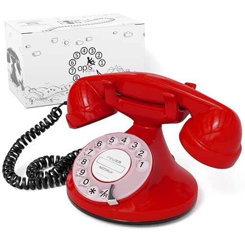 Opis Technology FunkyFon Cable : Retro Telefon mit Wählscheibe/Retro Wählscheibentelefon/Nostalgie Telefon mit Wählscheibe in geschwungenem 1920er Stil mit elektronischer Klingel (rot) von Opis Technology