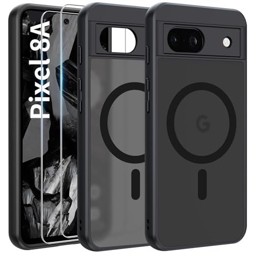 Opkiegrn Google Pixel 8a Hülle für MagSafe mit 2 Schutzfolie,Vollständiger Kameraschutz, Magnet Handyhülle Google Pixel 8a Case,Stoßfest Dünn Durchscheinende Matt SchutzHülle-Schwarz von Opkiegrn