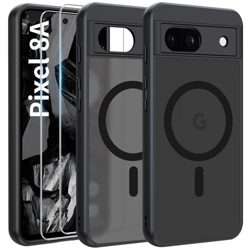 Opkiegrn Google Pixel 8a Hülle Kompatibel mit MagSafe mit 2 Schutzfolie,Vollständiger Kameraschutz, Magnet Handyhülle Case, Stoßfest Dünn Durchscheinende Matt SchutzHülle-Schwarz von Opkiegrn