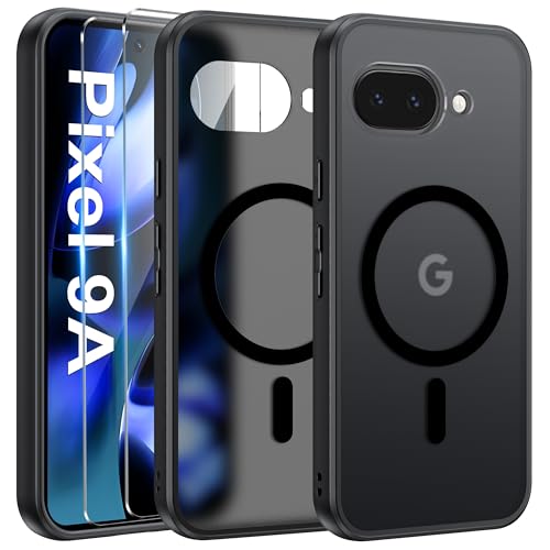 Opkiegrn Google Pixel 9a Hülle Kompatibel mit MagSafe mit 2 Schutzfolie, [Militärnorm Schutz], Magnet Handyhülle Google Pixel 9a Case, Stoßfest Dünn Durchscheinende Matt SchutzHülle Schwarz von Opkiegrn