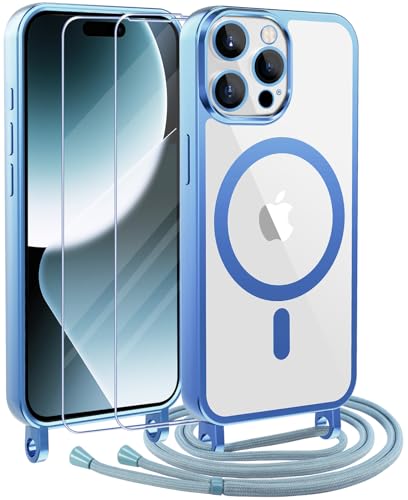 Opkiegrn Handykette Handyhülle Kompatibel mit iPhone 15 Pro Max Hülle mit Magsafe und Band +2 Stück Schutzfolie, Magnetische Silikon Transparent TPU Schutzhülle Kompatibel mit iPhone 15 Pro Max Blau von Opkiegrn